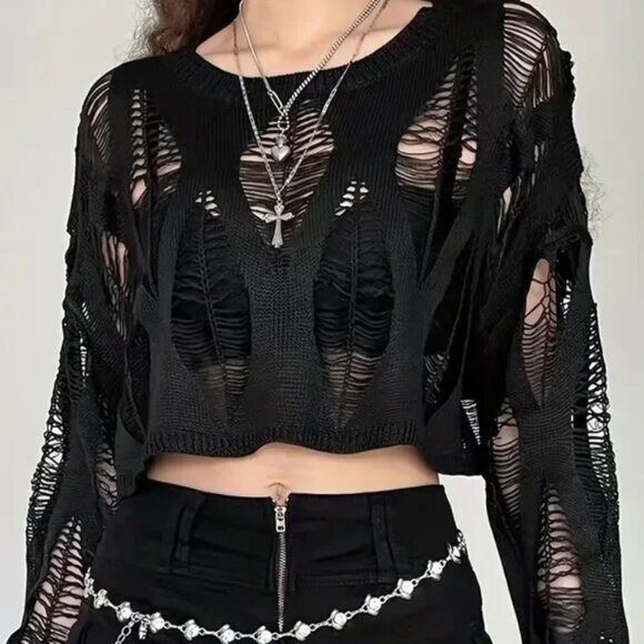 Grunge Cutout Cropped Long Sleeve Sweater Top - Picture 1 of 3